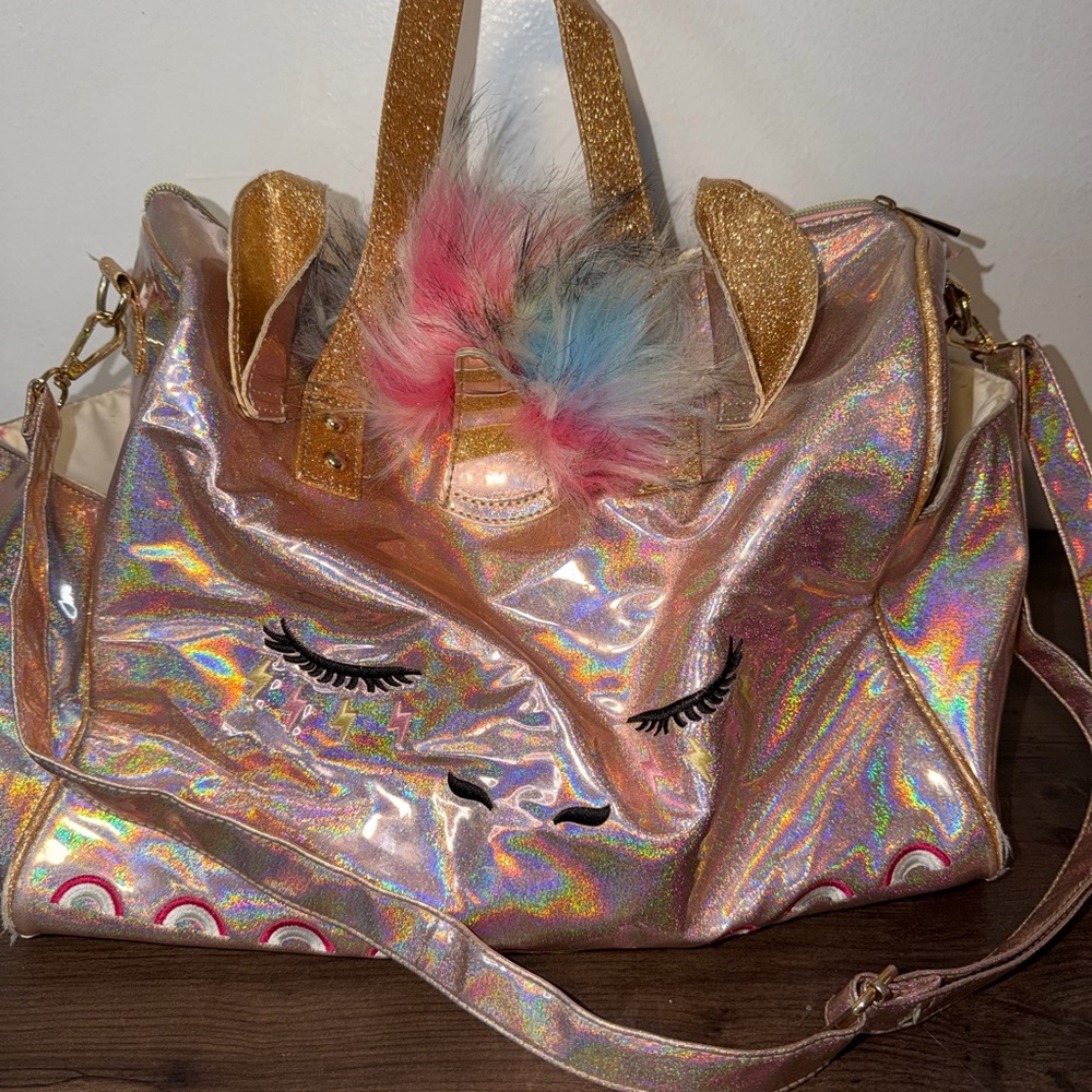 Magical Holographic Unicorn Duffel Bag - Iridescent Weekender with Faux Fur Pom